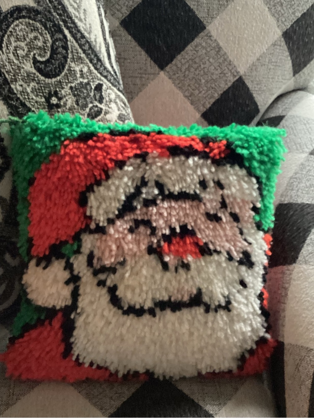 Handmade Santa Latch Hook Pillow - Red, Green, White